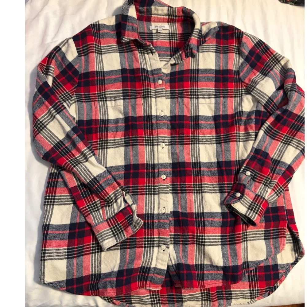 Madewell Womens Red Navy Blue Plaid Flannel Button Down Shirt Size M Cotton - Picture 2 of 5